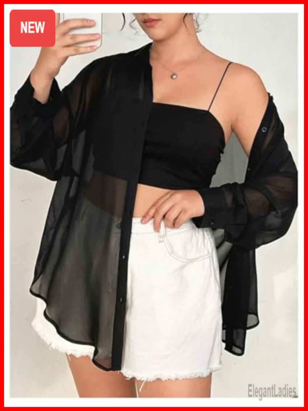 Plus Size Mesh See Through Long Sleeve Button Down Blouse Top